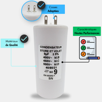 Condensateur capacité de 9 uF µF pour moteur de store et volet roulant