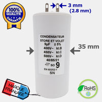 condensateur capacité moteur de 9 micro Farad uF, modèle à cosse de 2.8 mm
